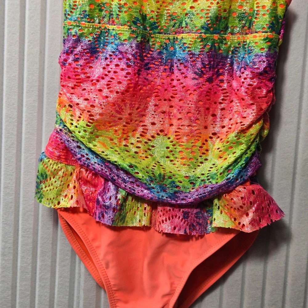 Wonder Nation Girls Rainbow Tie Dye Crochet One Piece Swimsuit Flash Peach 10-12